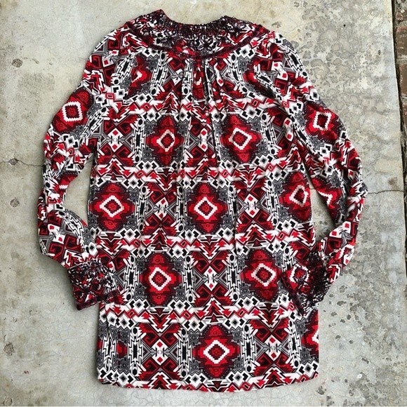 Nieves Lavi Silk Mini Dress Tunic Beaded Embellished Aztec Printed Red Black XS - Picture 5 of 5